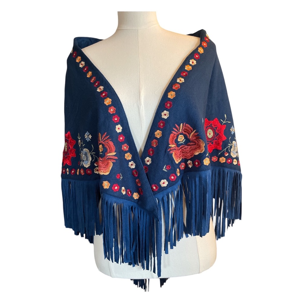 Boho Embroidered Fringe Shawl Wrap Navy Blue Floral Festival Western One Size